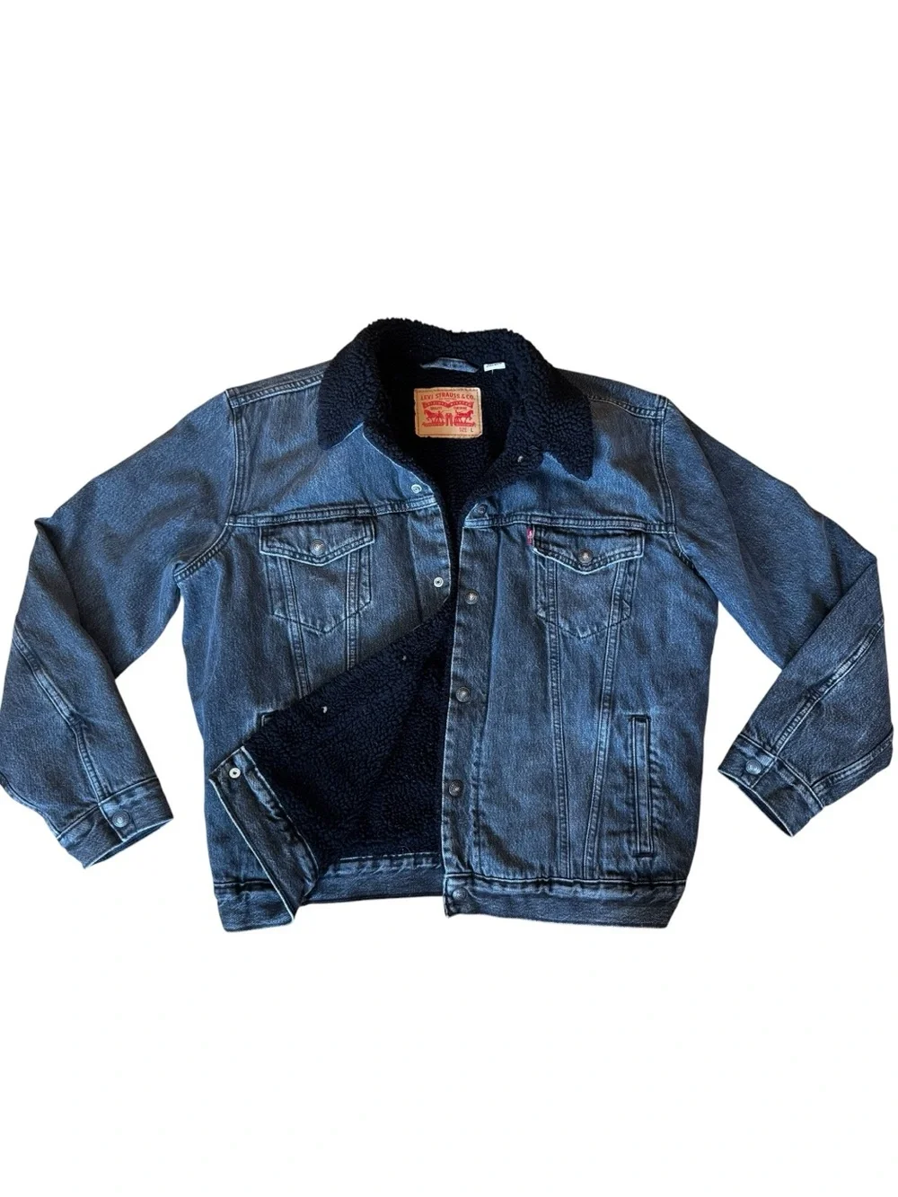 LEVIS SHERPA Jean Jacket Trucker Denim Stonewashed Cotton Black Warm Men's Large